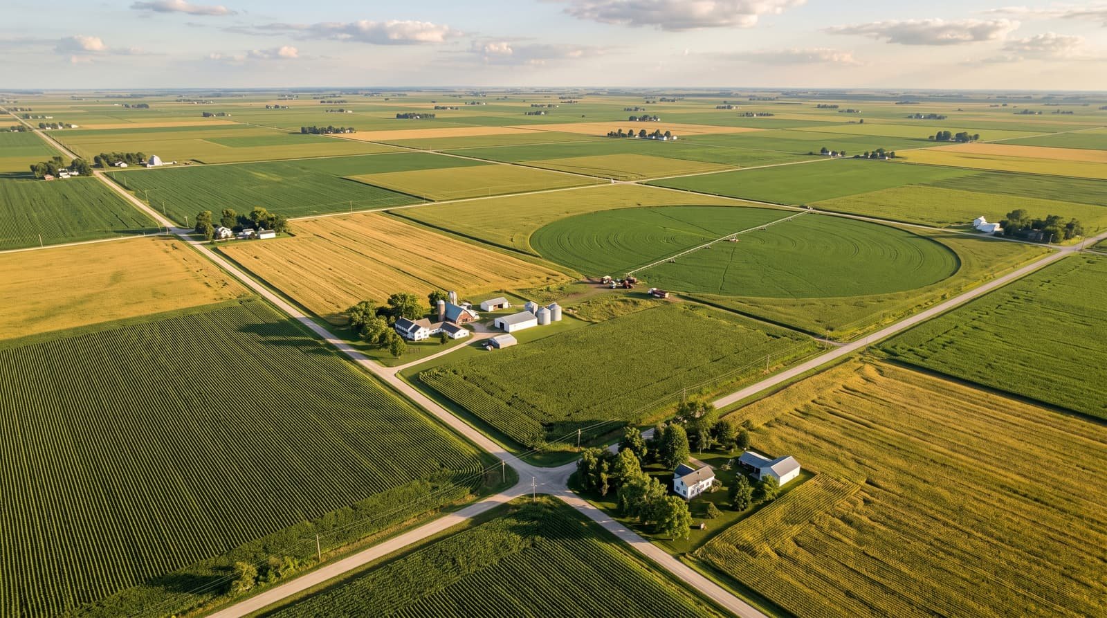An aerial view of American farmland showing parallel crop rows and section roads forming a green and gold grid.