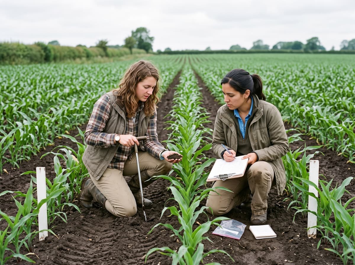 Two agronomists kneeling between rows of young corn, examining leaves and taking a soil sample.