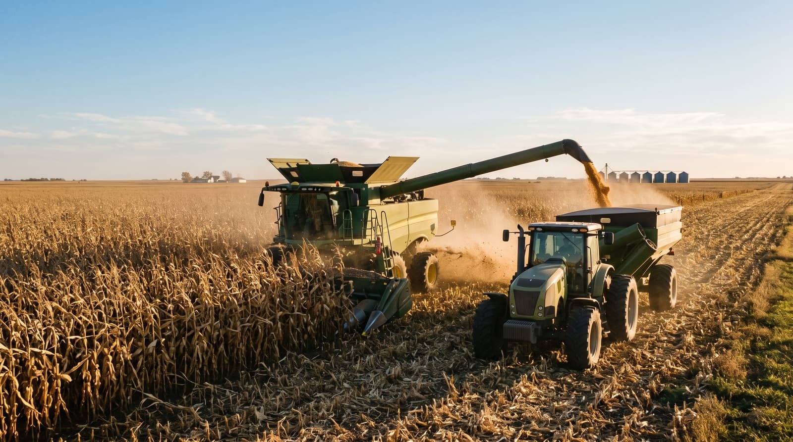 A combine harvester moving through mature corn in late afternoon light, with a grain cart alongside.