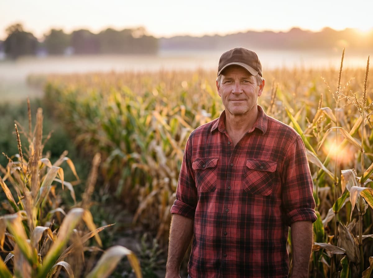 A Midwestern corn grower standing at the edge of a mature field at sunrise, with mist low over the rows.