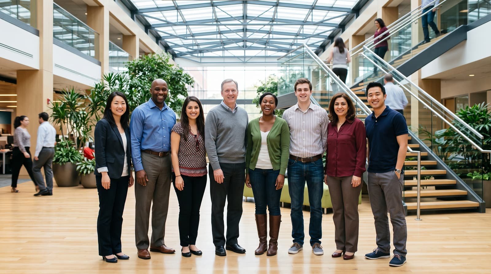 A group of employees of varied ages standing together in a bright corporate office atrium beneath a glass roof.