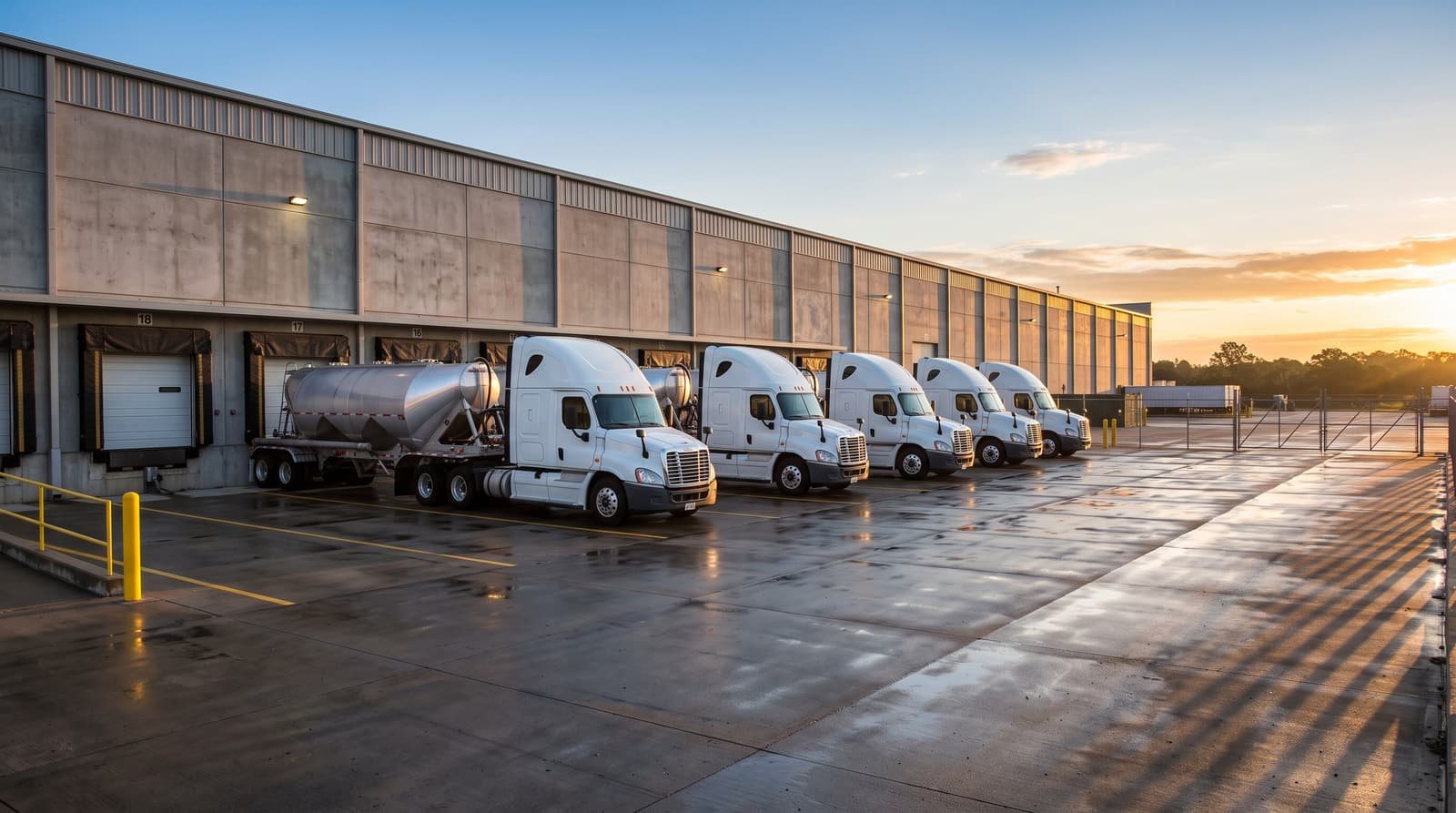 A row of clean white unmarked tanker trucks parked at warehouse loading docks at sunrise.