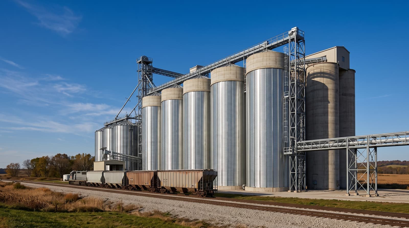 Stainless steel and concrete grain storage silos beside a rail spur in morning sunlight.