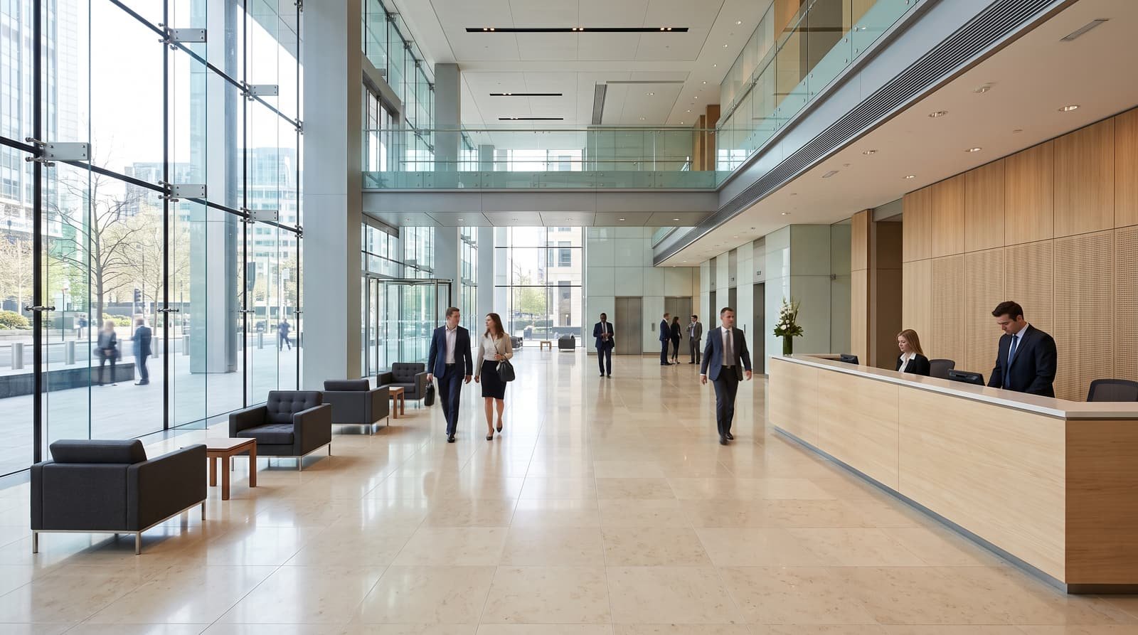 The double-height lobby of a corporate headquarters, with polished stone floors and a glass curtain wall.