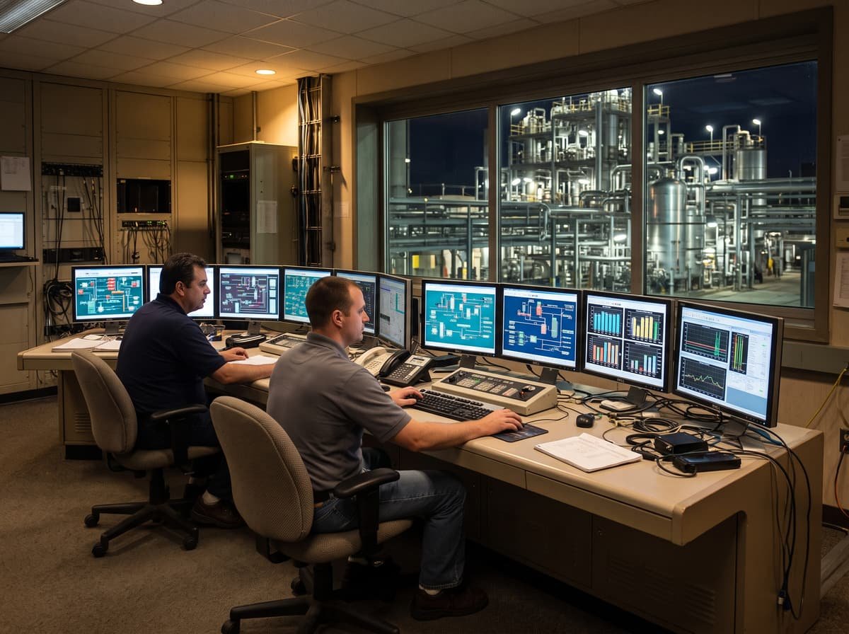 Two operators monitoring process schematics and graphs on a bank of screens in a plant control room.