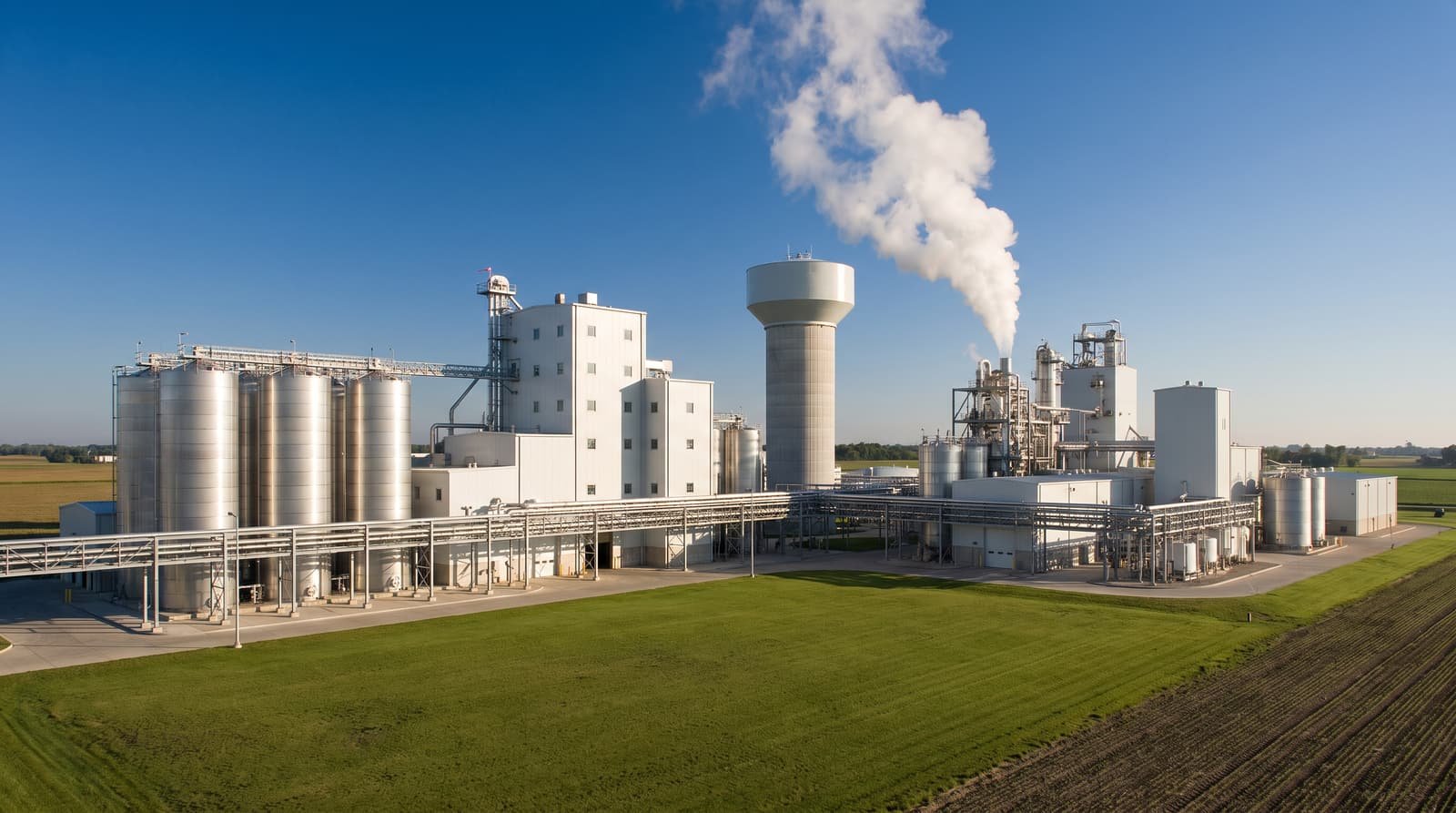 A corn wet-milling facility with stainless steel tanks and white processing buildings seen across open farmland.
