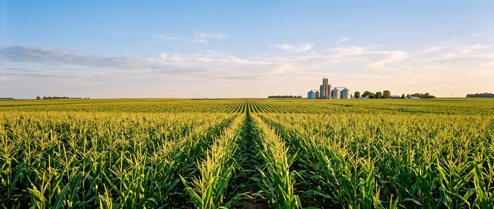 A vast American cornfield in straight rows at golden hour, with grain silos visible on the far horizon under a clear blue sky.