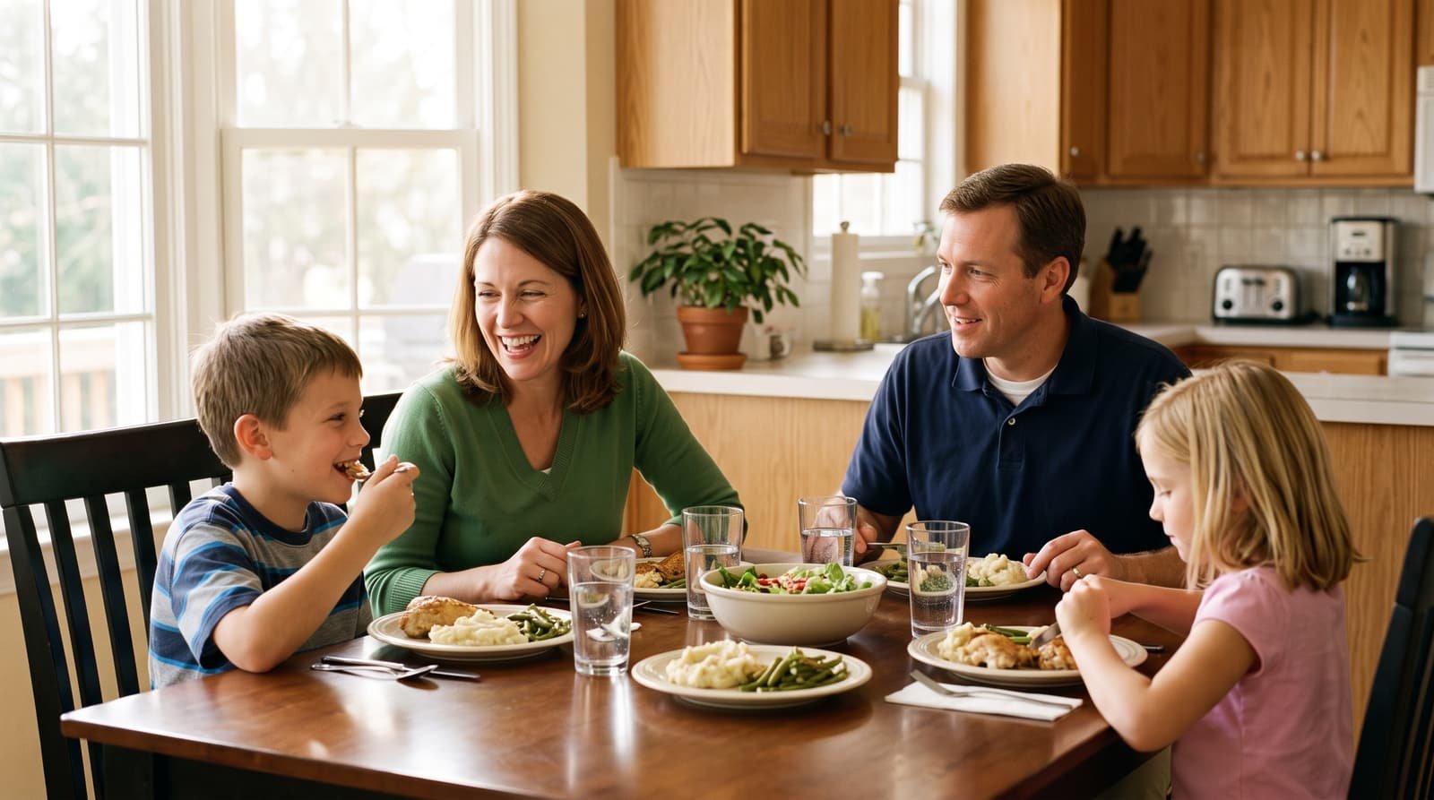 A family of four sharing an evening meal at a wooden table in a bright suburban kitchen.