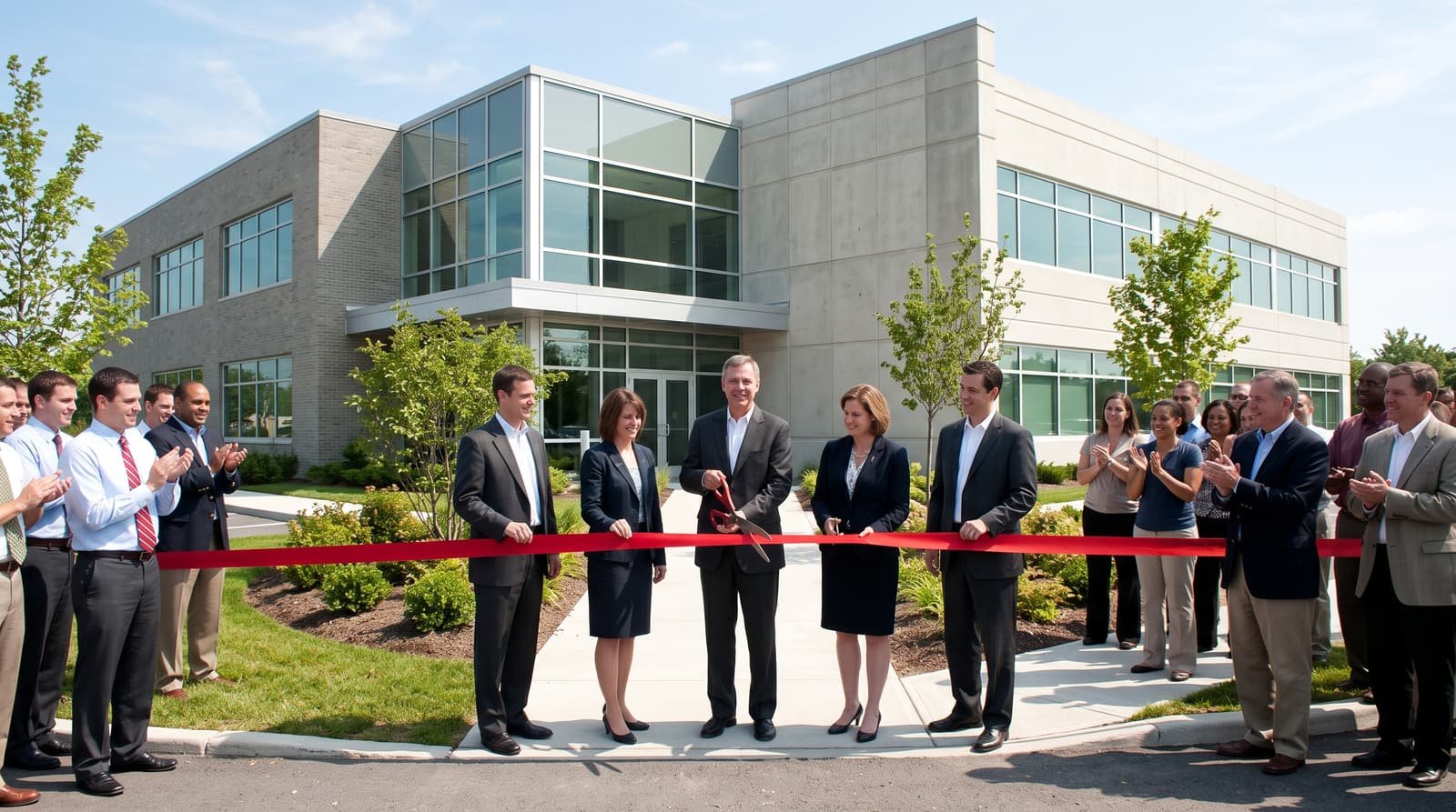 Five people in business attire cutting a ribbon outside a new low-rise research building while employees applaud.