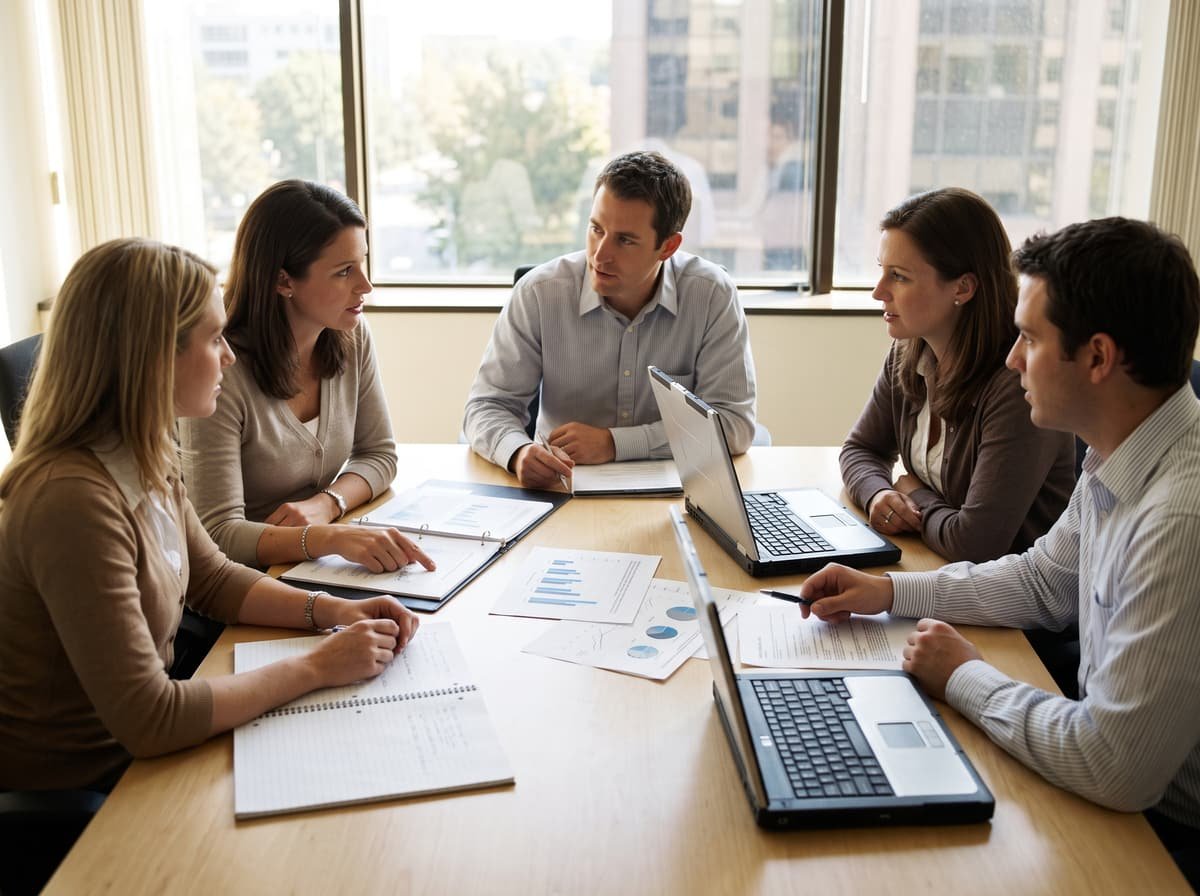 Five colleagues in business casual attire reviewing printed charts and binders around a light wood conference table.