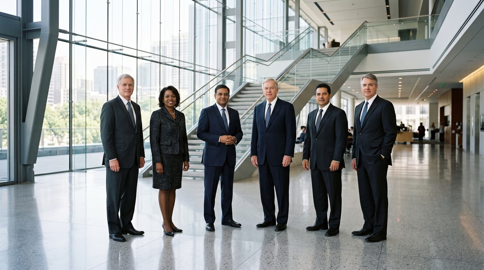 Six SucroCorp executives in business attire standing together in the headquarters lobby.
