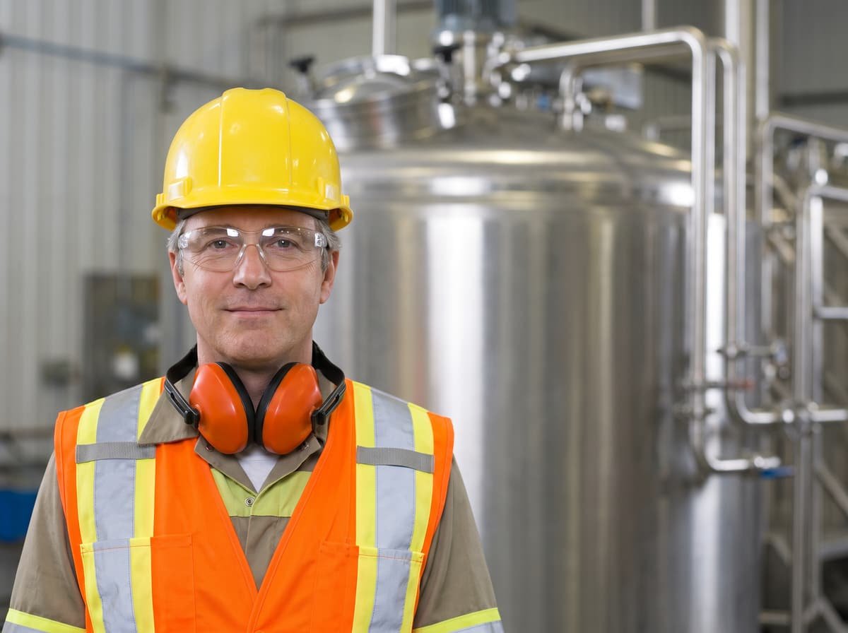 A plant operations worker in a hard hat and safety glasses standing in front of stainless steel processing equipment.
