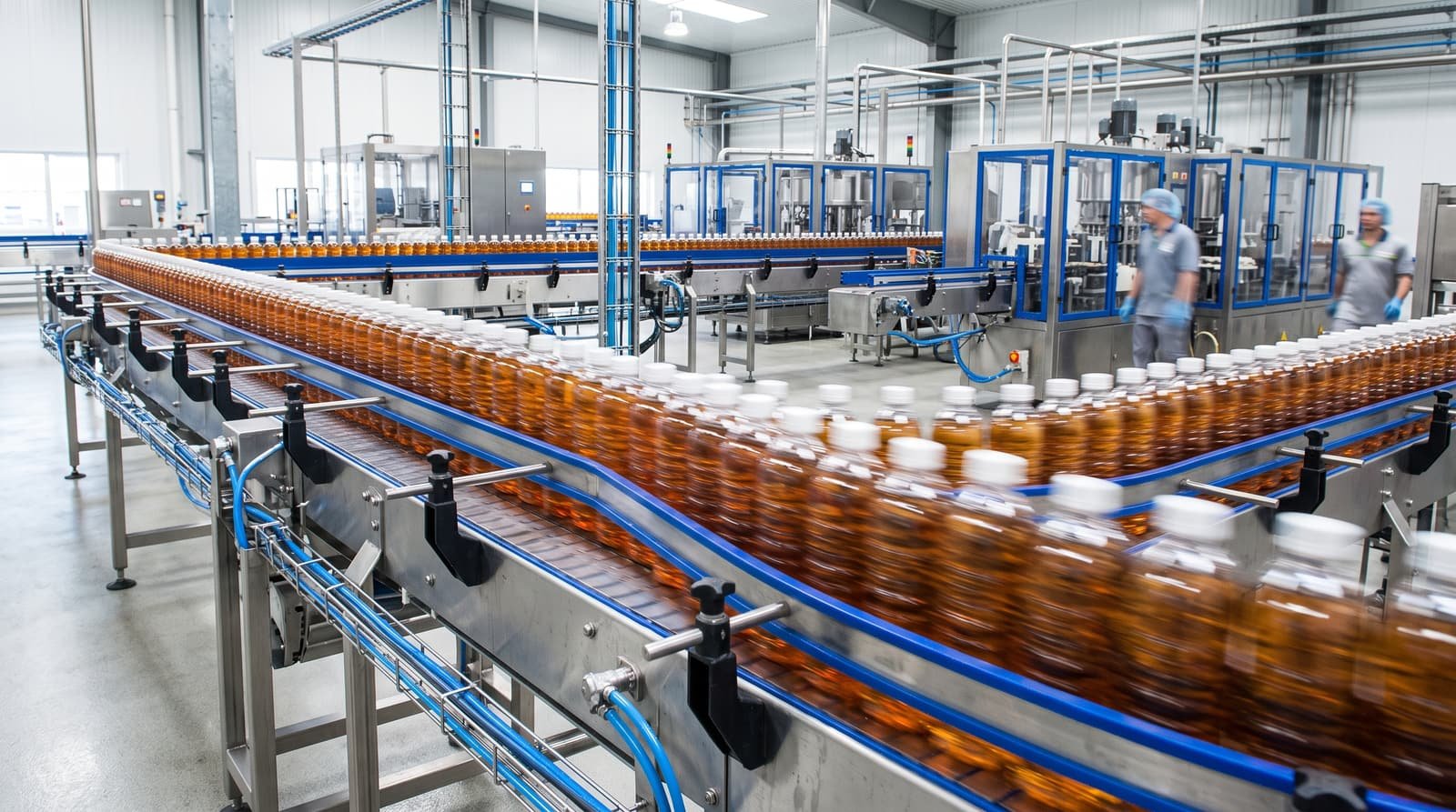 Unlabeled bottles of amber liquid moving along a stainless conveyor in a modern bottling plant.
