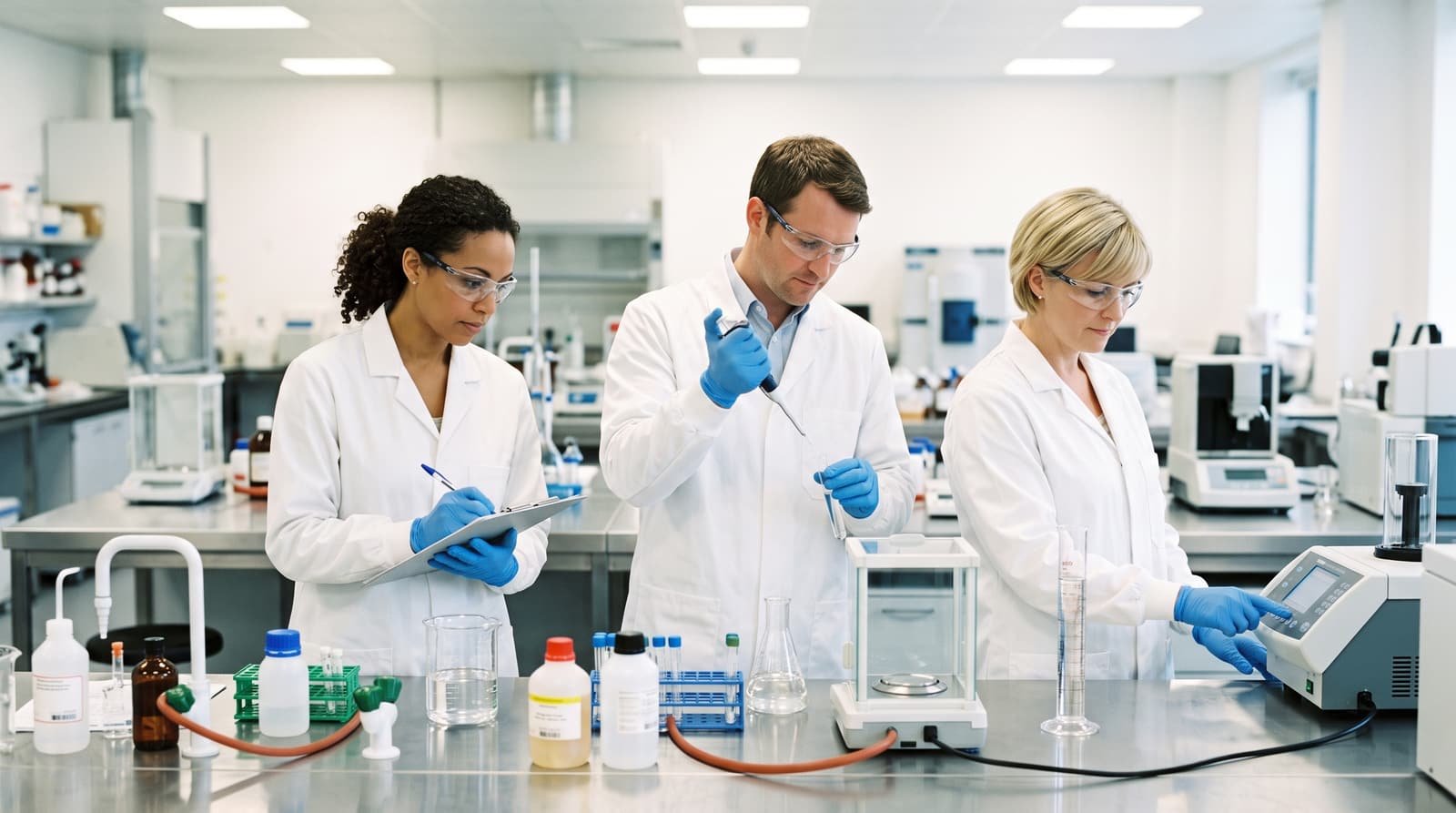 Food scientists in white laboratory coats working with ingredient samples at stainless steel benches.