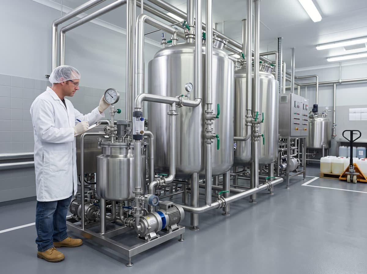 A spotless pilot plant with stainless steel tanks and sanitary piping, a technician in a white coat reading a gauge.