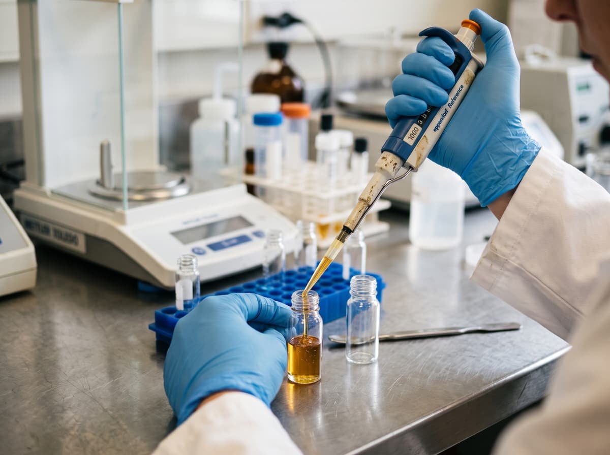 A gloved hand using a pipette to transfer clear golden syrup into a small glass vial on a stainless steel bench.
