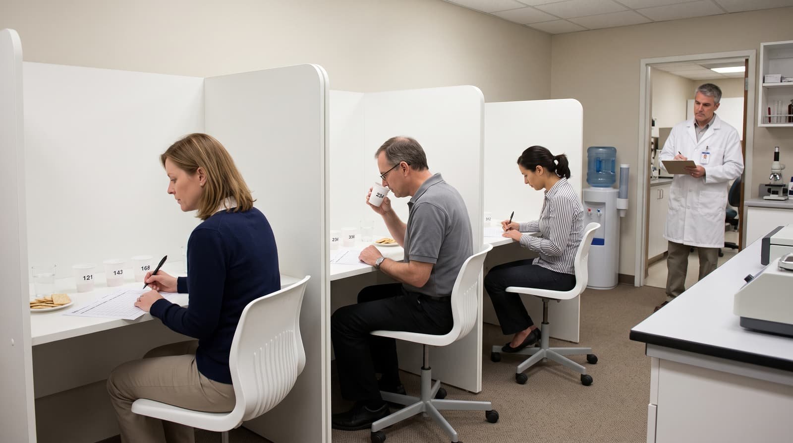 Participants seated in individual white tasting booths with sample cups and scorecards.
